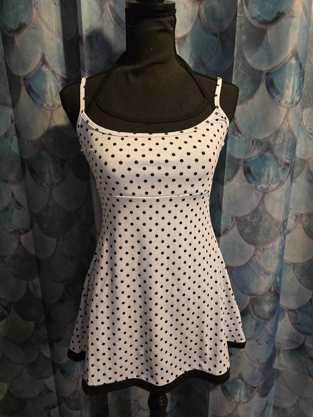 White Polka Dot Swing Dress with Black Trim